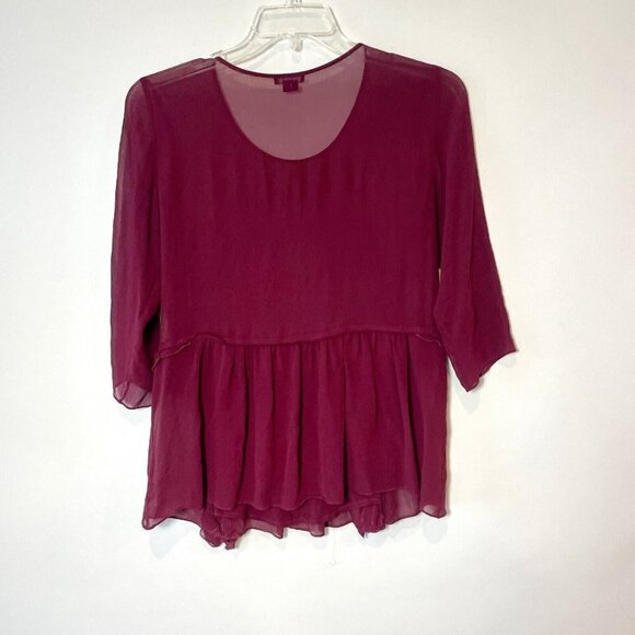 Theory Silk Peplum Blouse Top Womens L Red Ruffle Trim 3/4 Sleeve Chiffon Sheer - Picture 4 of 7